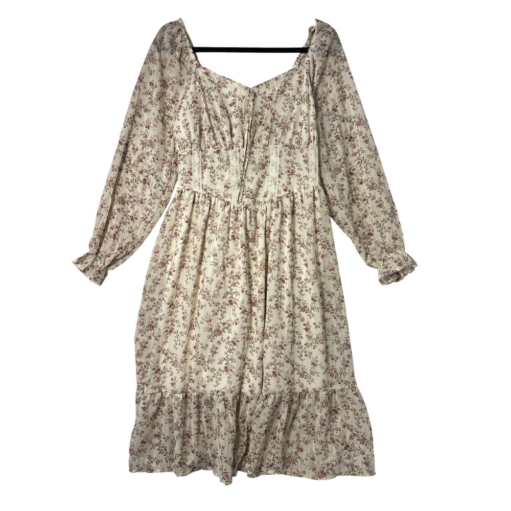 Celebrity Pink Floral Corset Waist Midi Dress Cream Pink Cottagecore Large